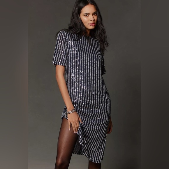 NWT Anthropologie Flat White Short-Sleeve Sequin Stripe Midi Dress Size Small - Picture 2 of 14